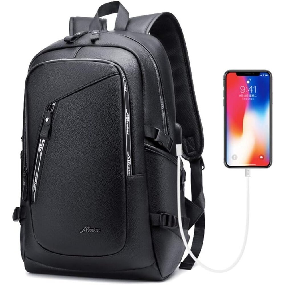 ✨DYJ Men Black Vegan Leather Laptop Backpack Travel Daypacks with Port Laptop